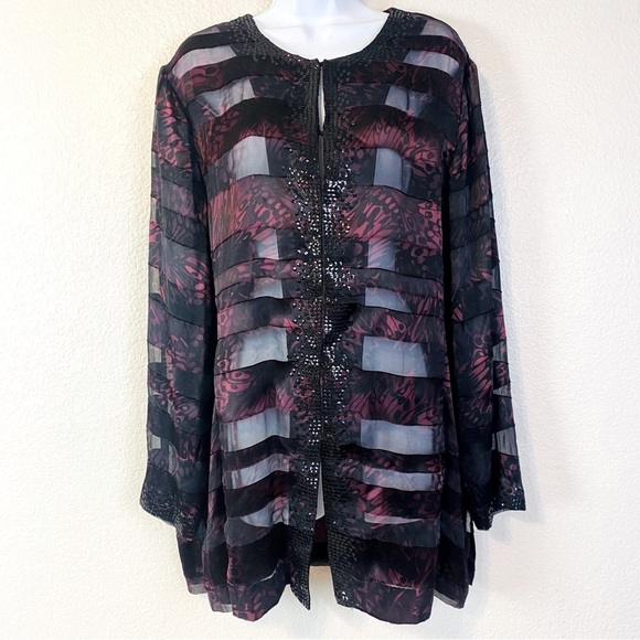 Chico’s Black/Burgundy Stripe Burnout Sequin Trim Blouse Size 16 - Picture 3 of 8